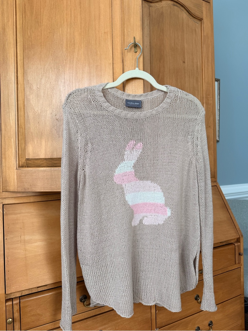 Wooden Ships Beige Knit Crewneck Sweater with Pastel Bunny Motif